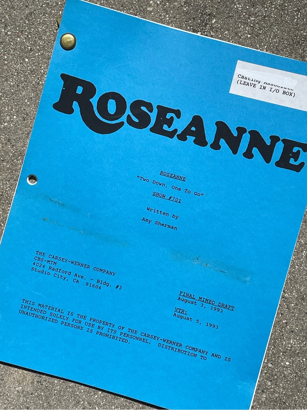 Roseanne Vtg 1993 Production Used Final Mimeo Draft Script Two Down One To Go